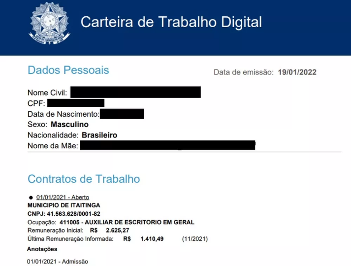 Comerciante descobre registros de salários  na carteira digital em prefeitura de Itaitinga 2013 sem nunca ter trabalhado